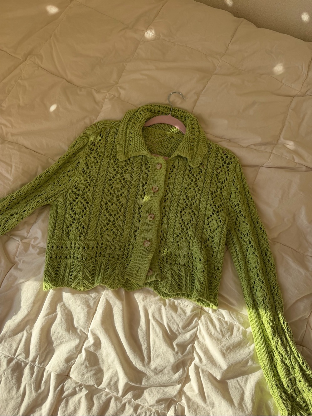Zara Lime Green Openwork Knit Button-Front Cardigan